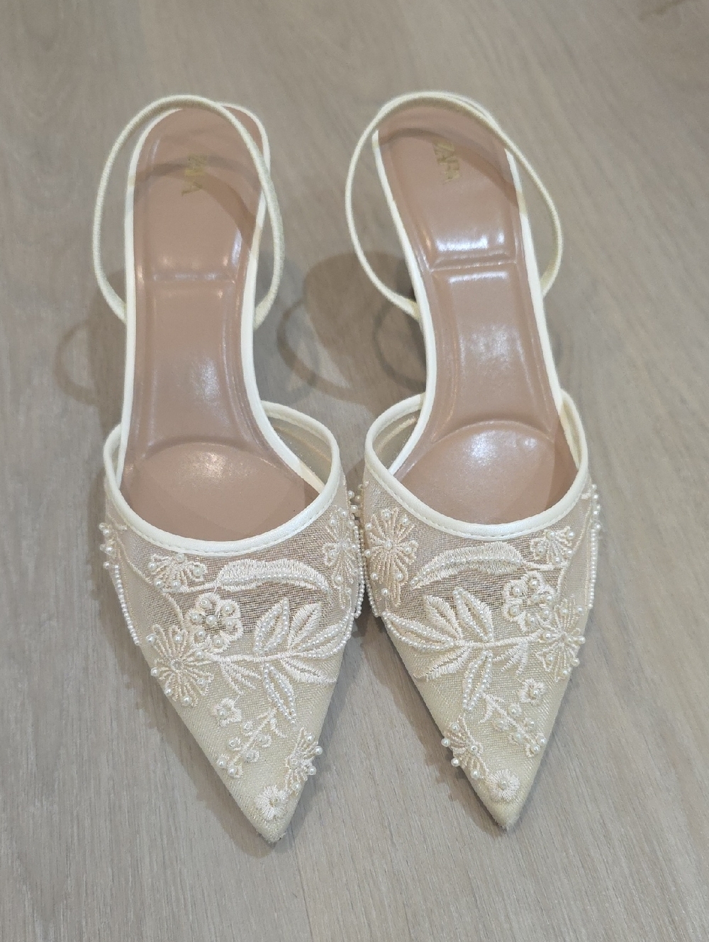 Zara Cream Embroidered Pointed-Toe Slingback Heels
